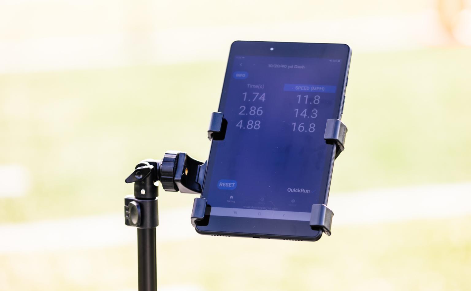 Dashr app on a tablet showing sprint times and speeds
