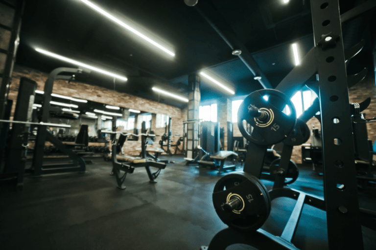 Indoor gym lit up.