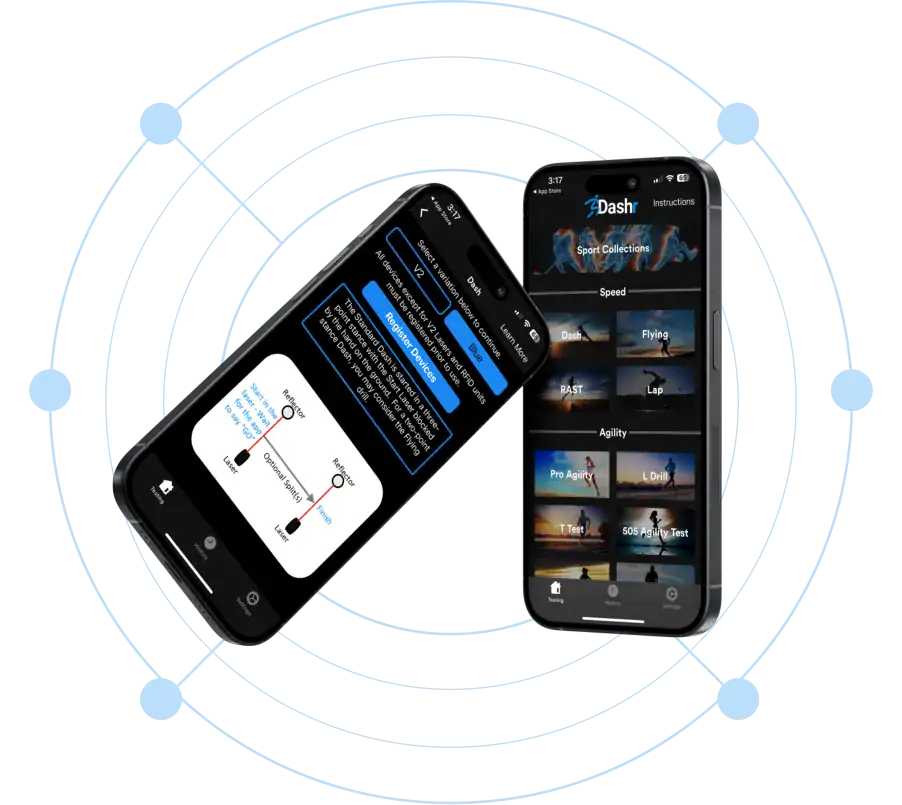 Dashr app on two phones showing drills and live timing results